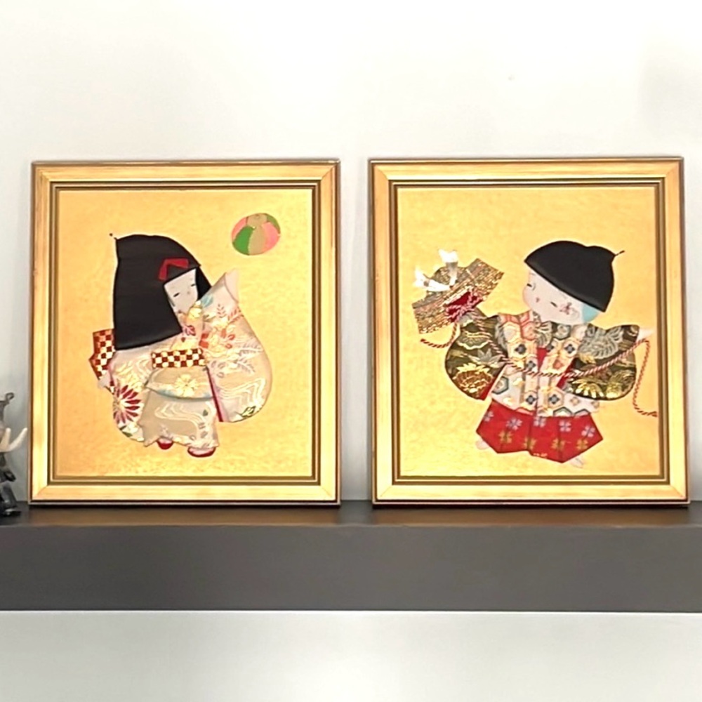 Japanese Fabric Art Children Playing Pair Boy And Girl Two Pictures Pair